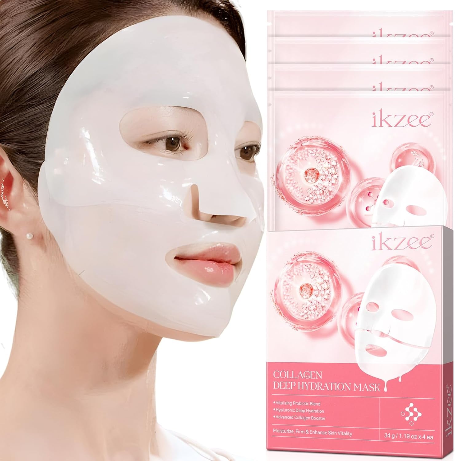 Bio Collagen Face Mask, 4Pcs Collagen Sheet Mask, Collagen Night Wrapping Mask, Face Mask Hydrating, Reduce Fine Lines & Wrinkles, Pore Minimizing, Elasticity Improvement, Face Mask Collagen Mask