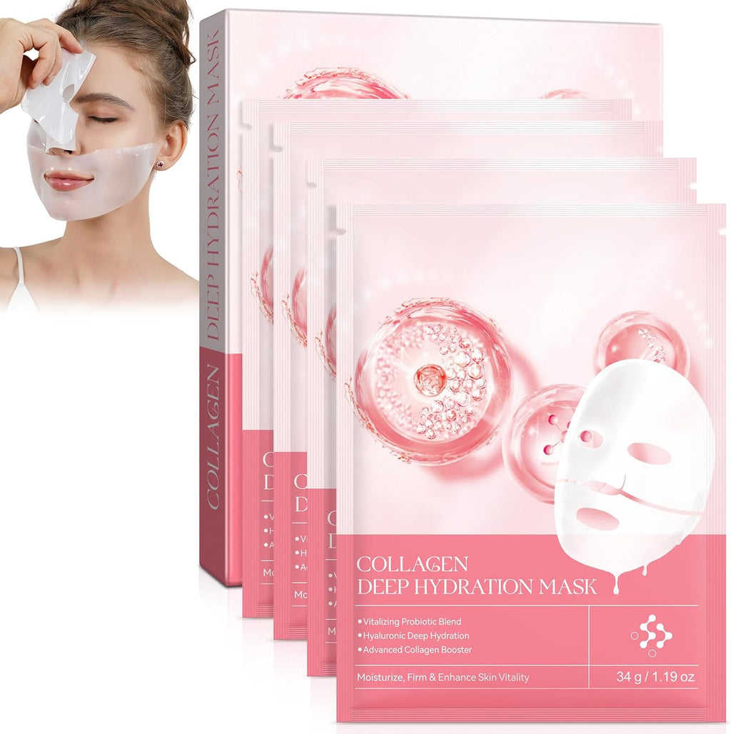 Bio Collagen Face Mask, 4Pcs Collagen Sheet Mask, Collagen Night Wrapping Mask, Face Mask Hydrating, Reduce Fine Lines & Wrinkles, Pore Minimizing, Elasticity Improvement, Face Mask Collagen Mask